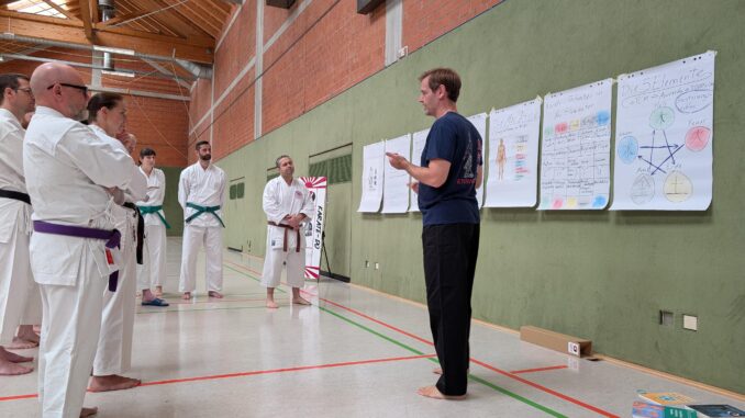 Matthias Roj veranschaulicht anhand von Plakaten die Grundlagen des Kyusho-Jitsu bei seinem Karate Seminar
