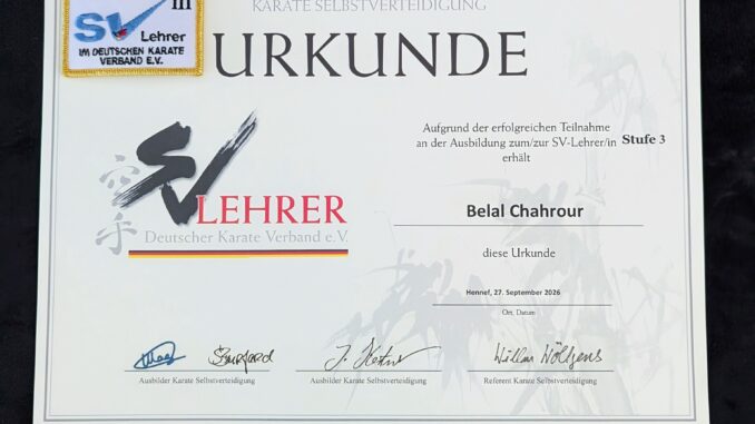 Die Urkunde und der Aufnäher als Nachweis der erfolgreichen Teilnahme an der SV-Lehrerausbildung Stufe 3 Gold.